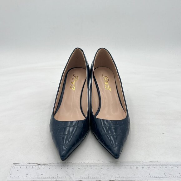 FOWT Black Solid Croc-Embossed Pointed Toe Thin Mid Heels Pumps Walking Shoes - Picture 3 of 8